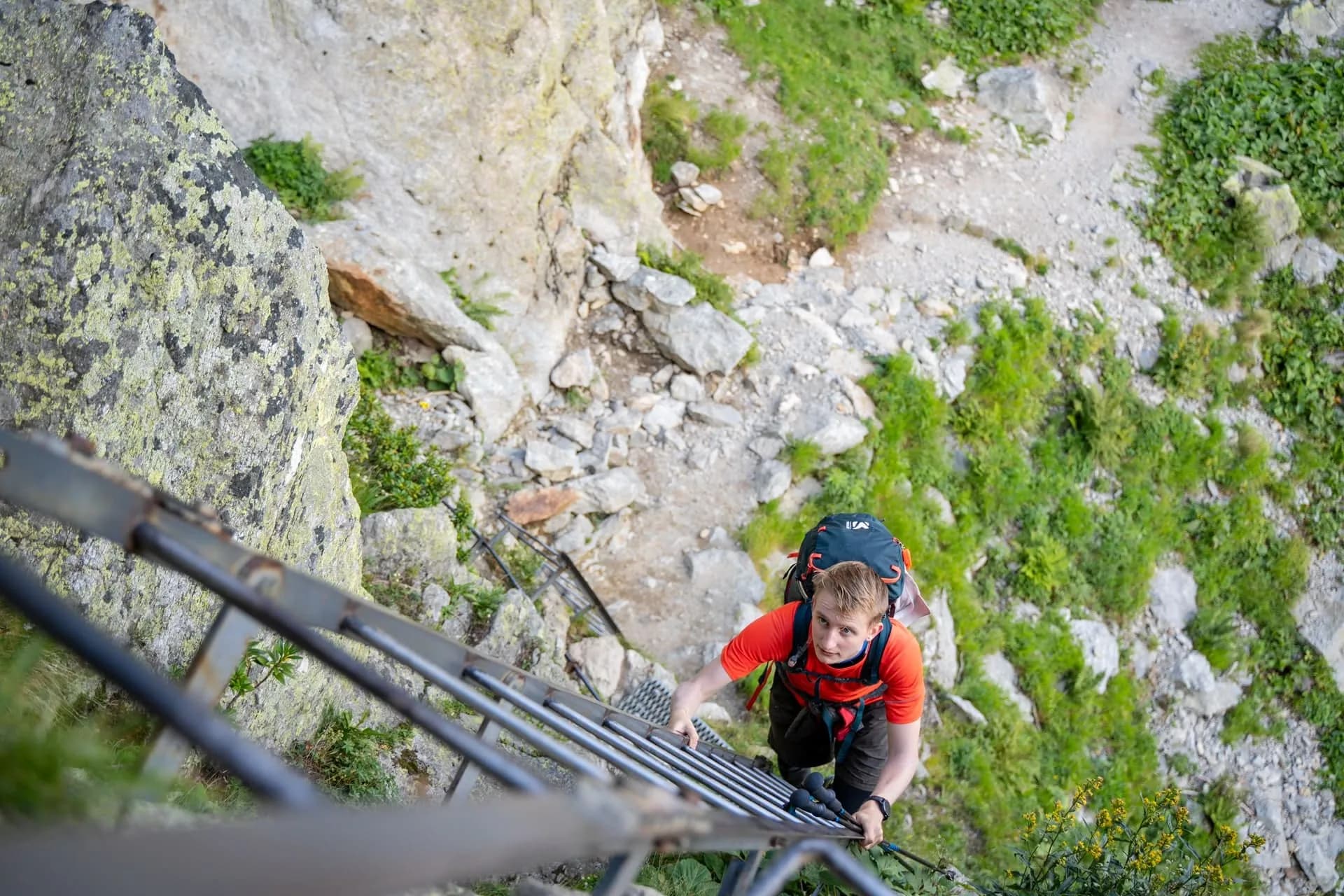 Hiker climbing metal ladder on steep rock face with green vegetation below