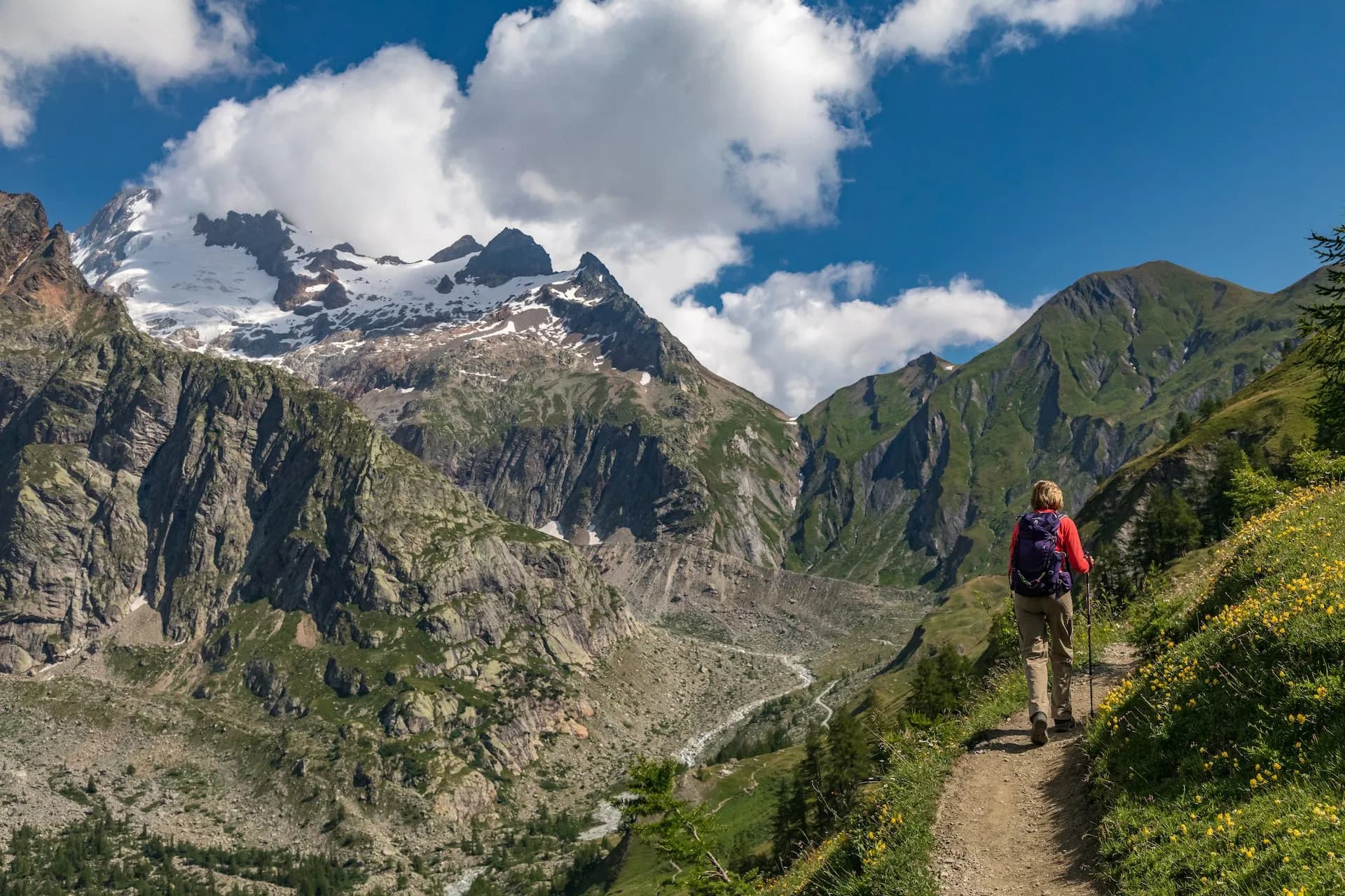 Hiker on dirt trail with wildflowers, approaching snow-capped mountains near Rifugio Bonatti.