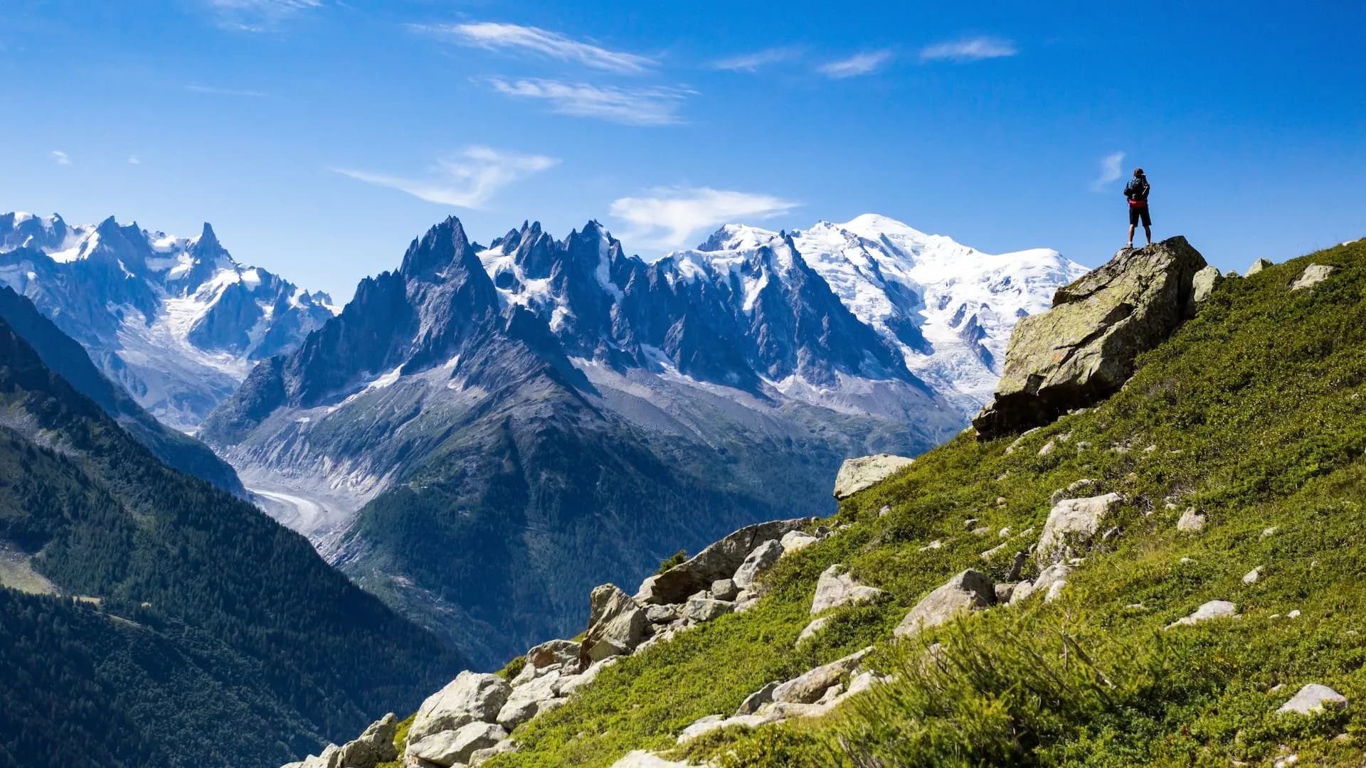 Hiker standing on rocky outcrop overlooking massive snow-capped mountains and glacier valley.