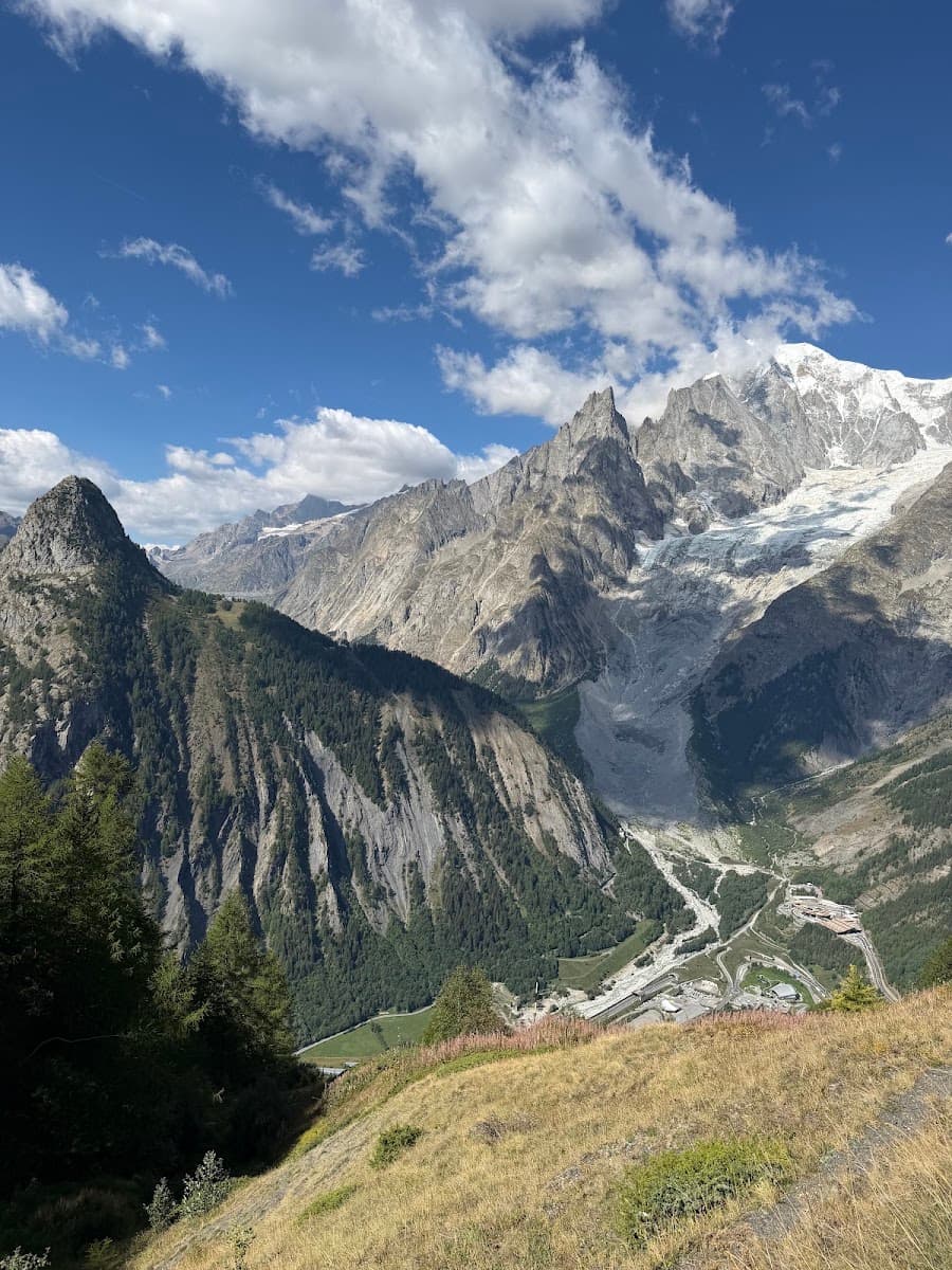 Snow-capped alpine mountain peaks and rocky ridges with green valley and blue sky