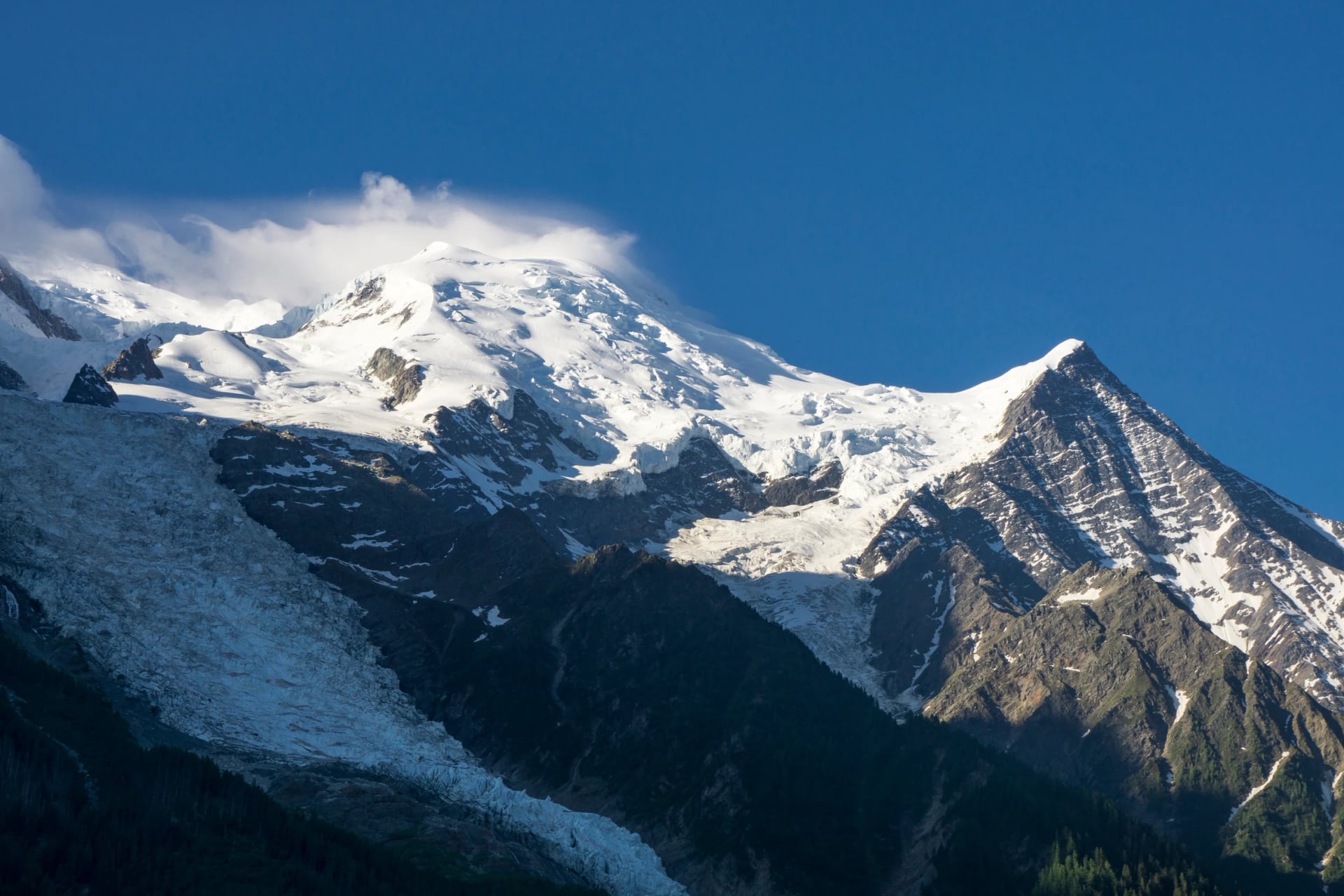 Morning view of Mont Blanc in June. French Alps.