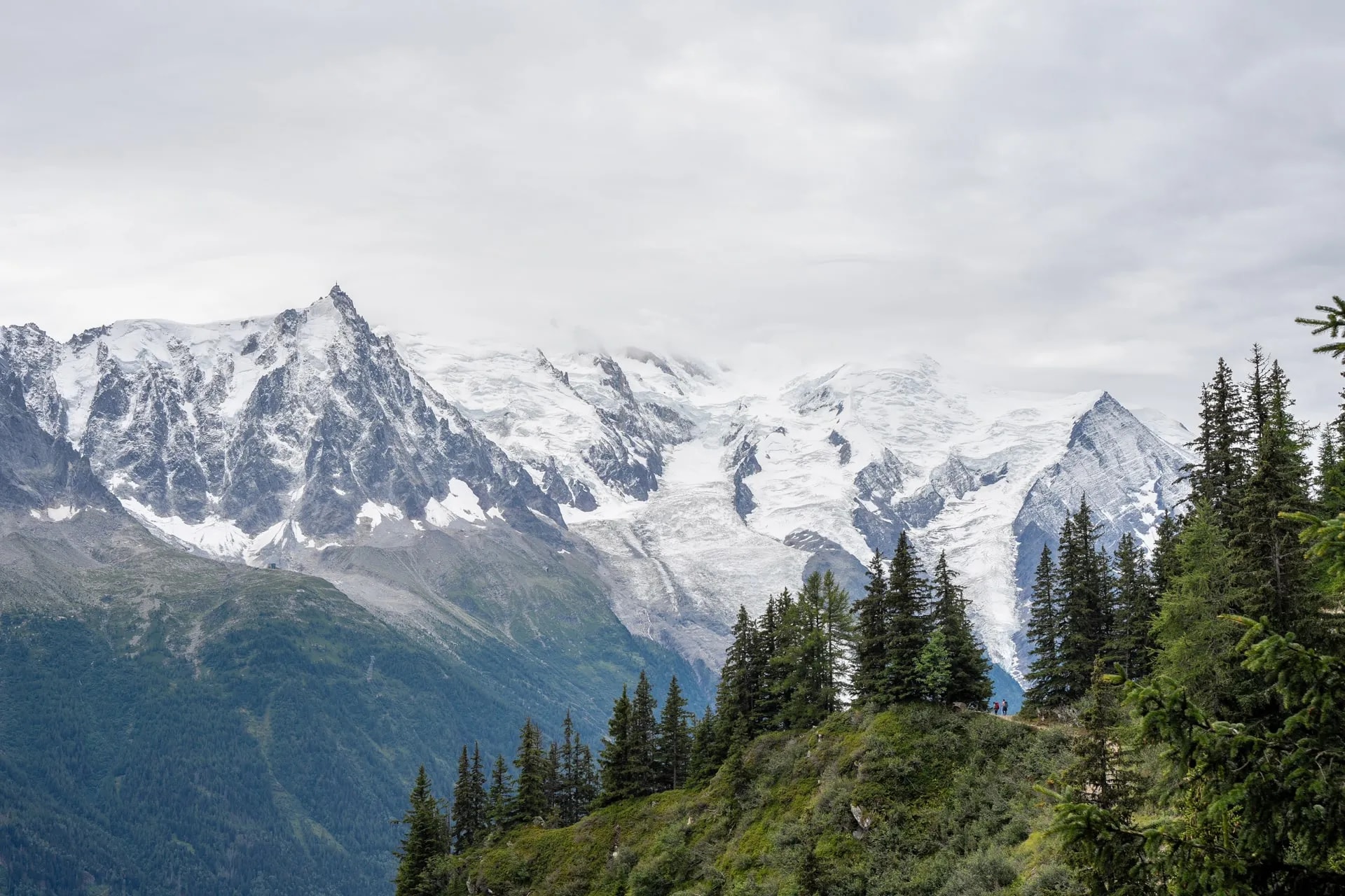 Snow-capped mountains and glaciers rise above green forested slopes under a cloudy sky