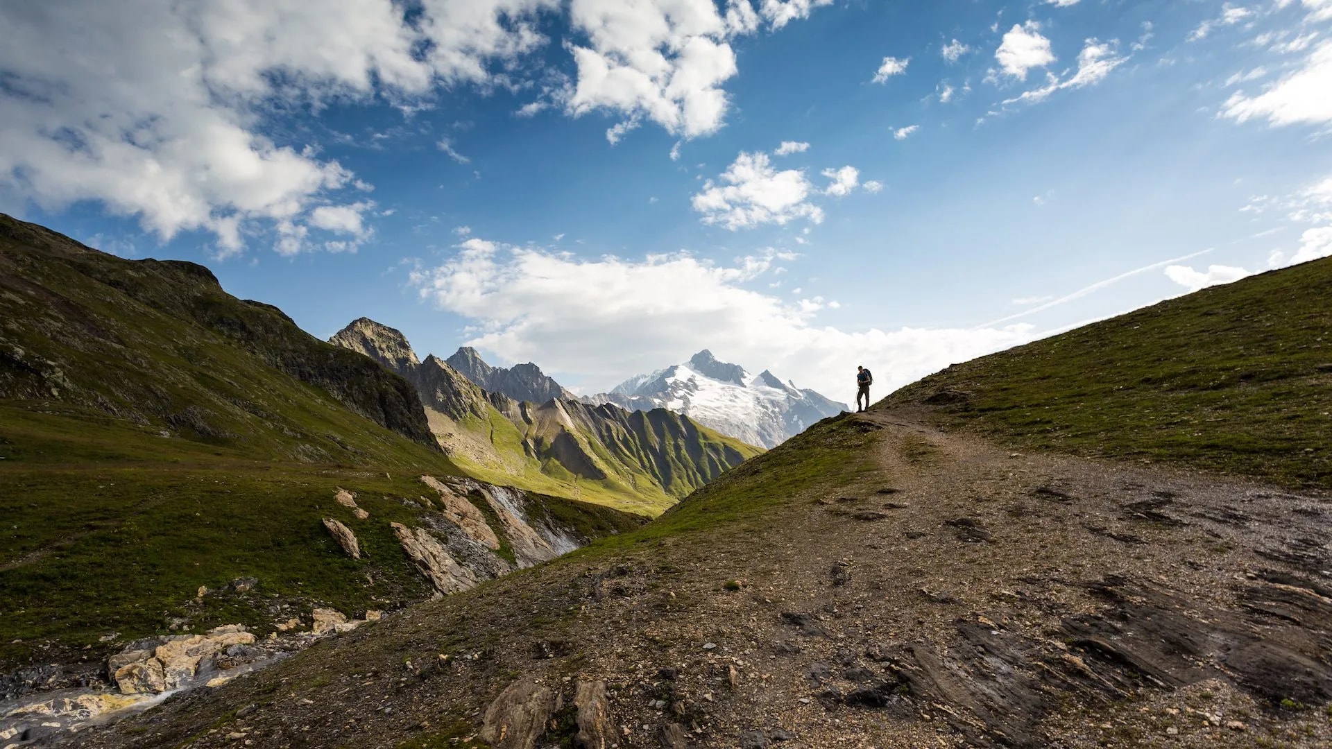 Hiker on dirt trail ascending grassy slope with snow-capped mountains under blue sky.