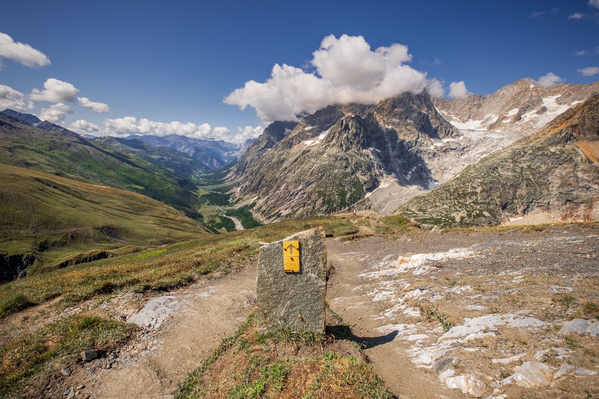 Hiking trail marker on rocky path overlooking Grand Col Ferret valley and glaciers