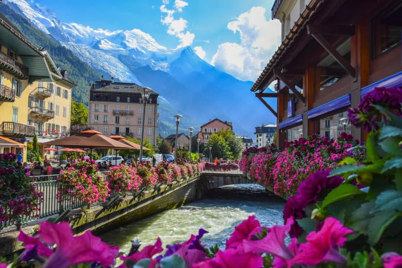CHAMONIX, FRANCE. View of the Arve river and Mont-Blanc massif from the centre of Chamonix .