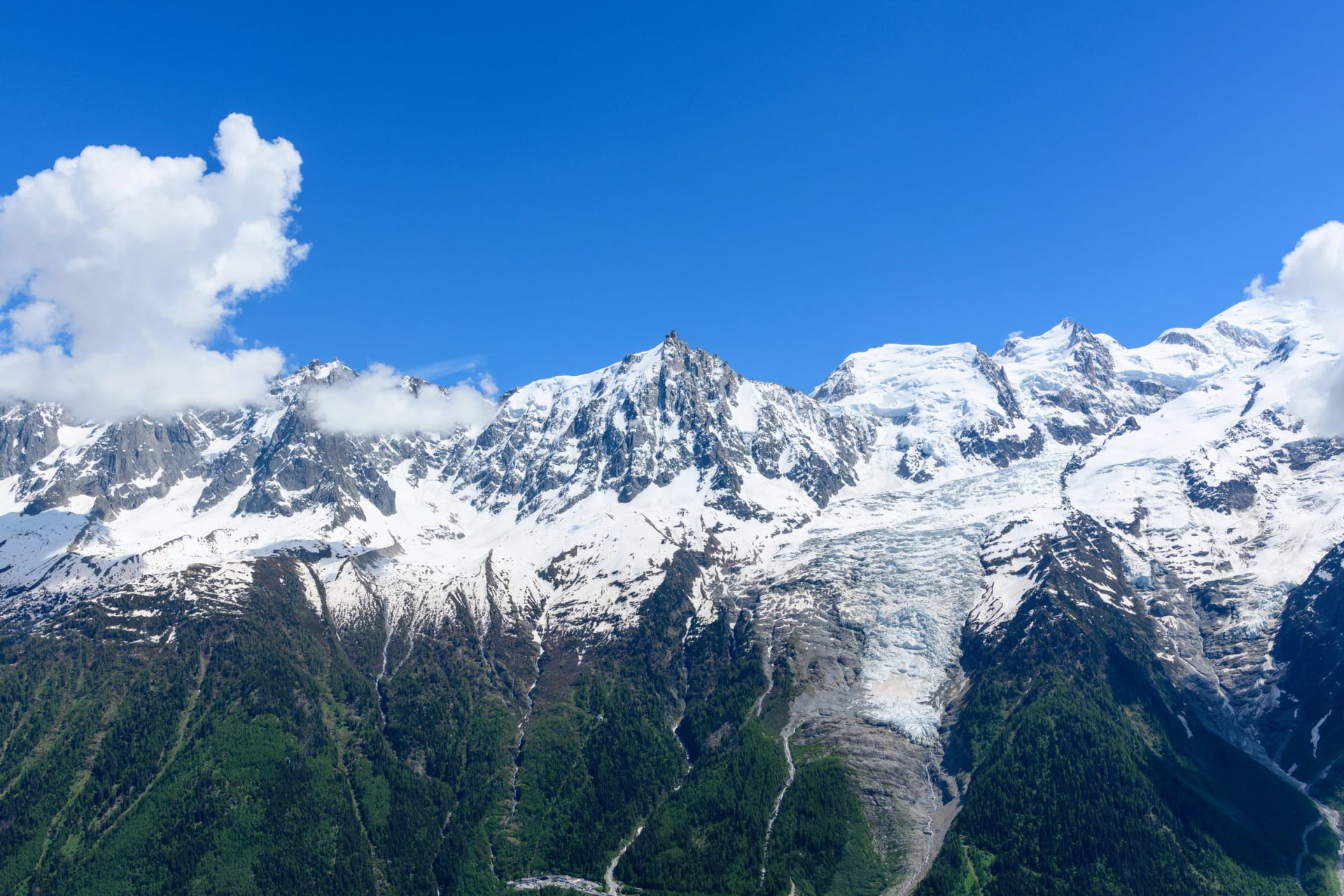 Udvidet udsigt over Mont Blanc-massivet med dramatiske sneklædte rygge, en omfattende gletsjer og frodige grønne skove nedenfor under en livlig blå himmel med spredte skyer.
