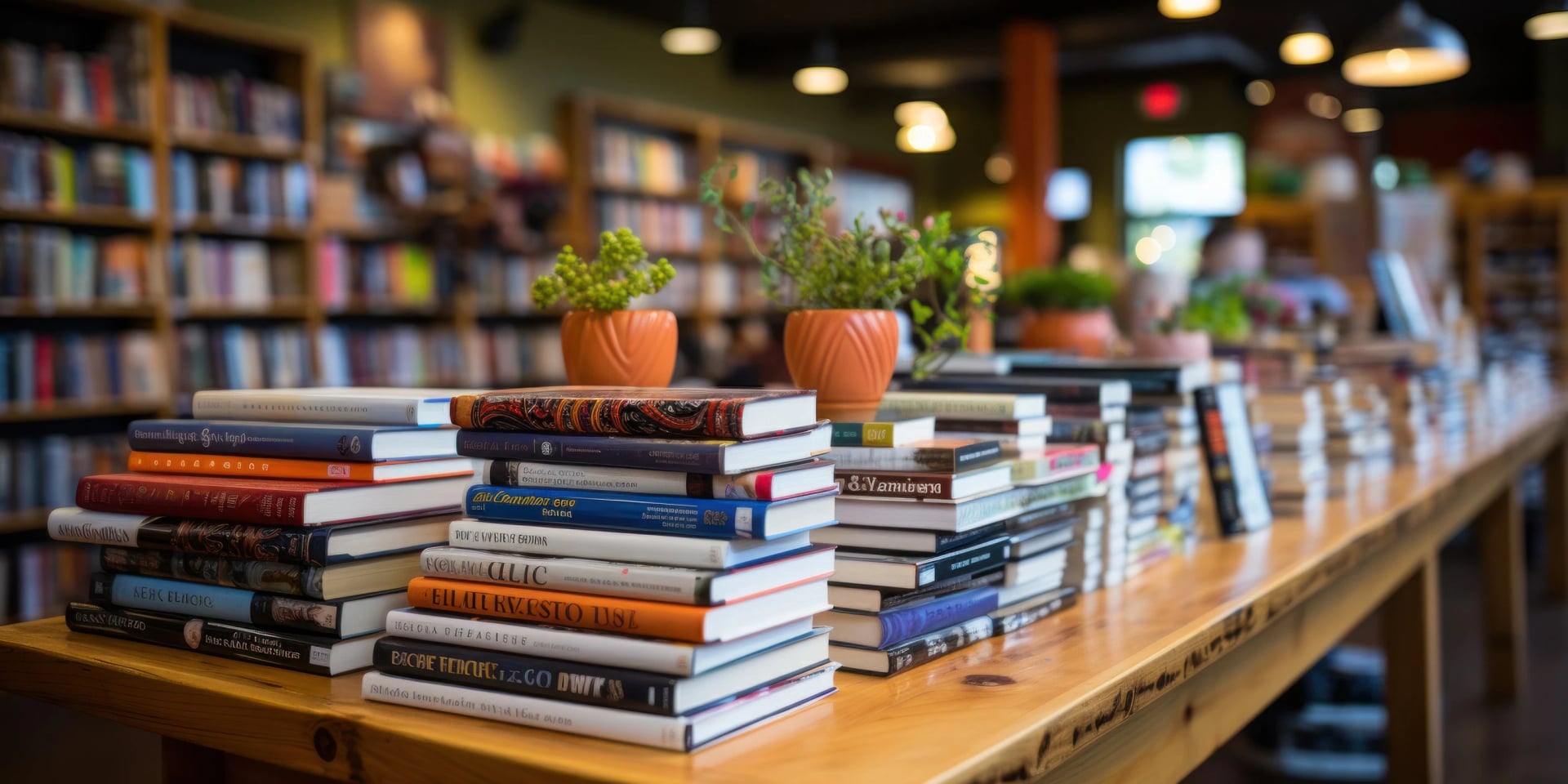 Stacked books on a table with potted plants in a modern bookstore cafe