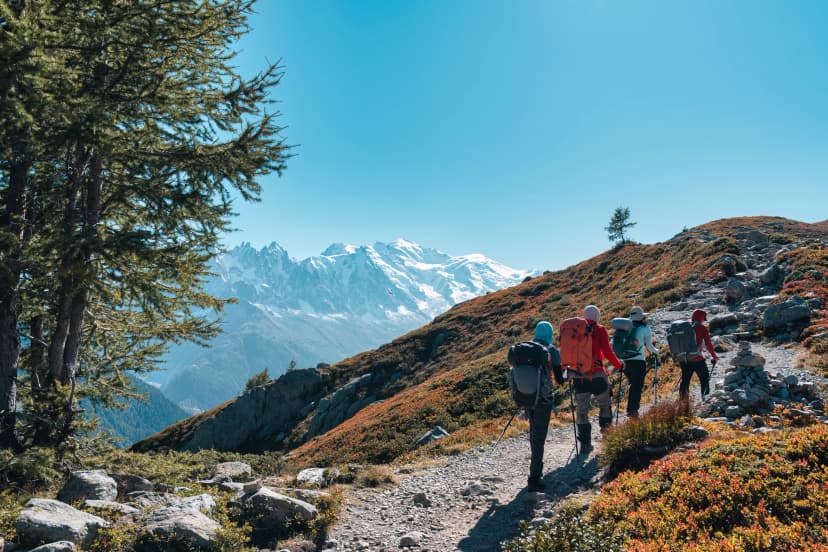 Group of hiker hiking on summit trail amidst the French alps on sunny day at France