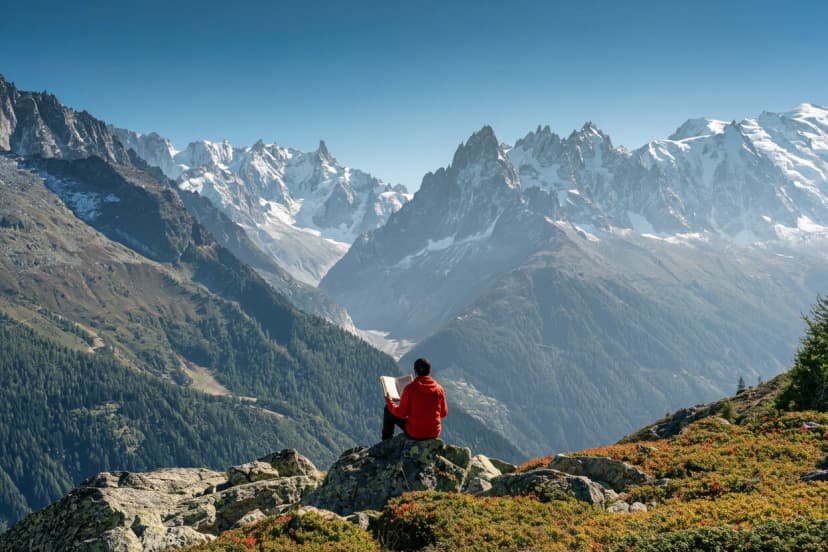 A male hiker standing with enjoying the Mont Blanc mountain range view during trail in Lac Blanc at France
