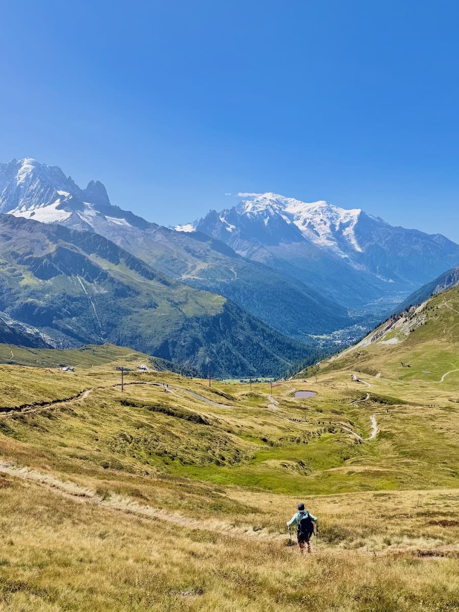 Hiker on alpine trail with snow-capped mountain peaks and green valley under clear blue sky