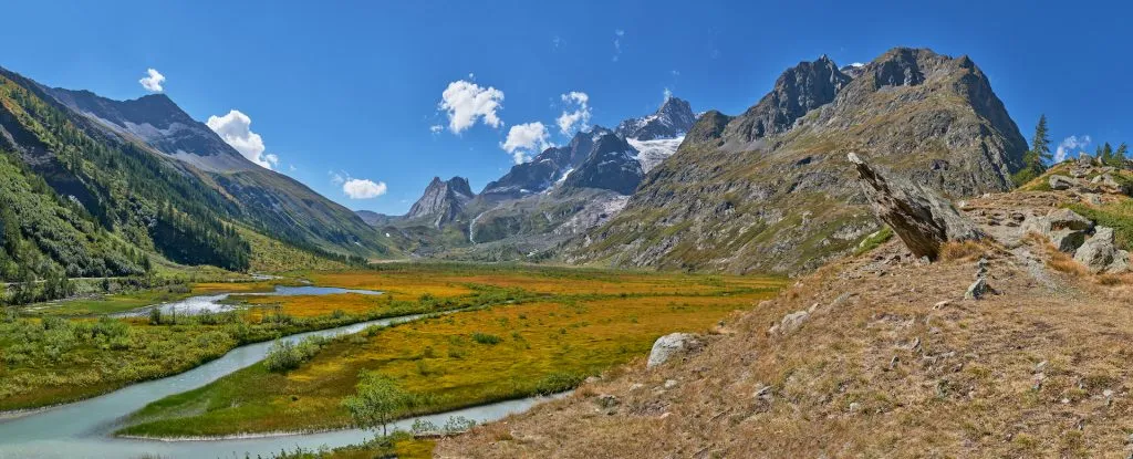 Scenic view of the Italian Alps from the Mont Blanc massif with the Val Veny valley and Lake Combal